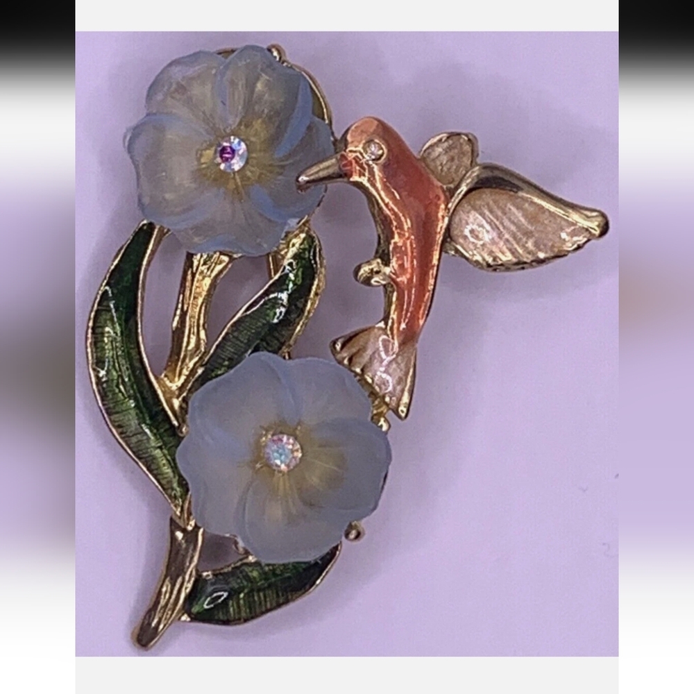 Floral Hummingbird Brooch with Blue Flowers